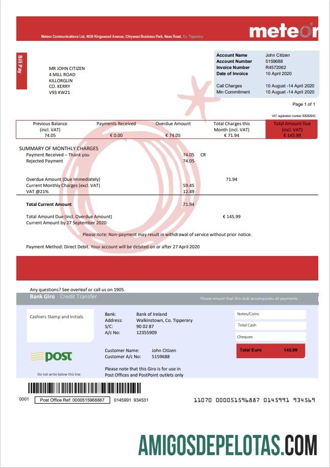 Para baixar modelo de conta de serviços públicos Meteor da Irlanda em formato Word e PDF